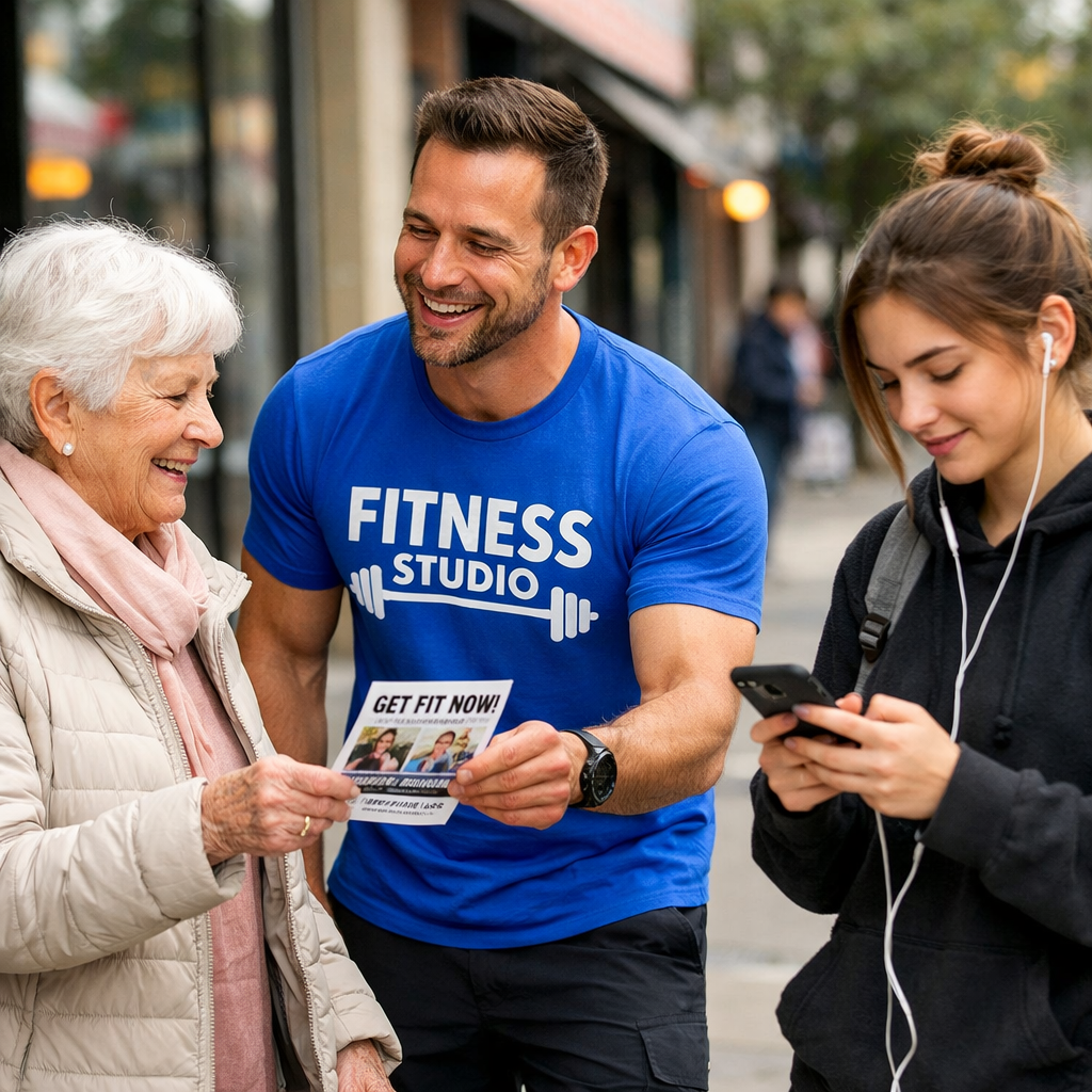 fitness professional on the street handing out a flyer to an elderly person
